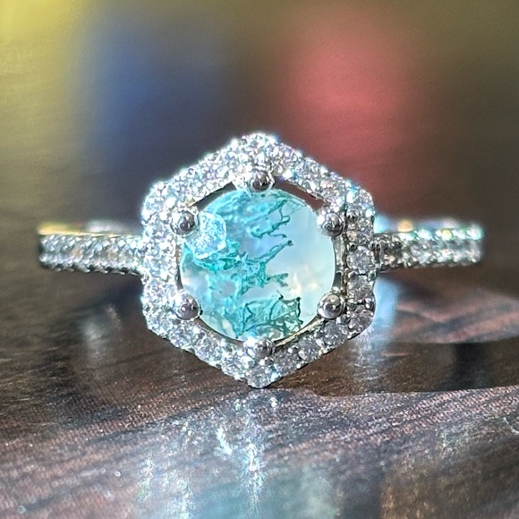 Hexagon Natural Moss Agate Halo Engagement Ring Sterling Silver .925 Ring Size 6